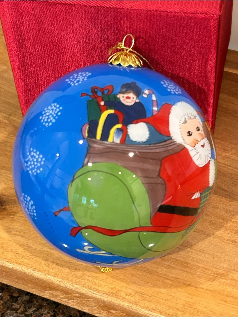 2013 Retired Pier 1 Santa Sleigh Hand Painted Glass Christmas Ornament NEW